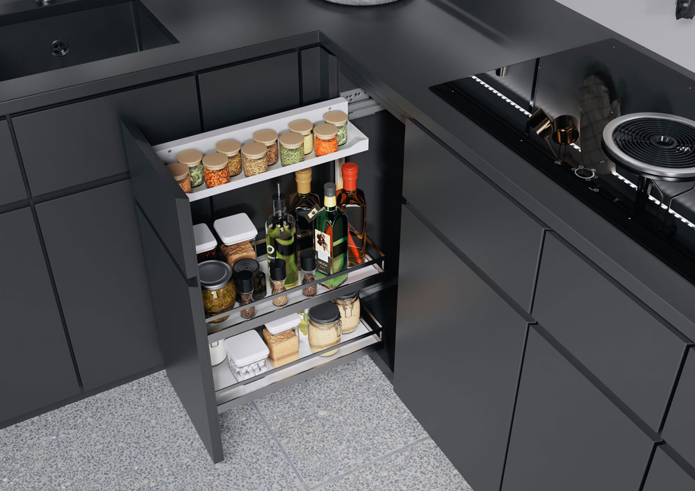 КОМПЛЕКТ правый, Комфорт II 200 мм, H 654, Арена СТИЛЬ, 2 полки + полка для специй, цвет ХРОМ Kessebohmer | официальный магазин